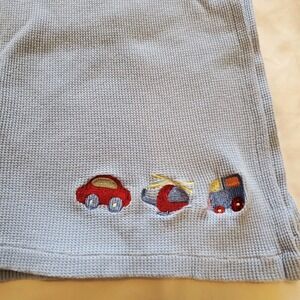 Tiddliwinks Blue Waffle Knit Baby Blanket Car Train Helicopter Vehicle